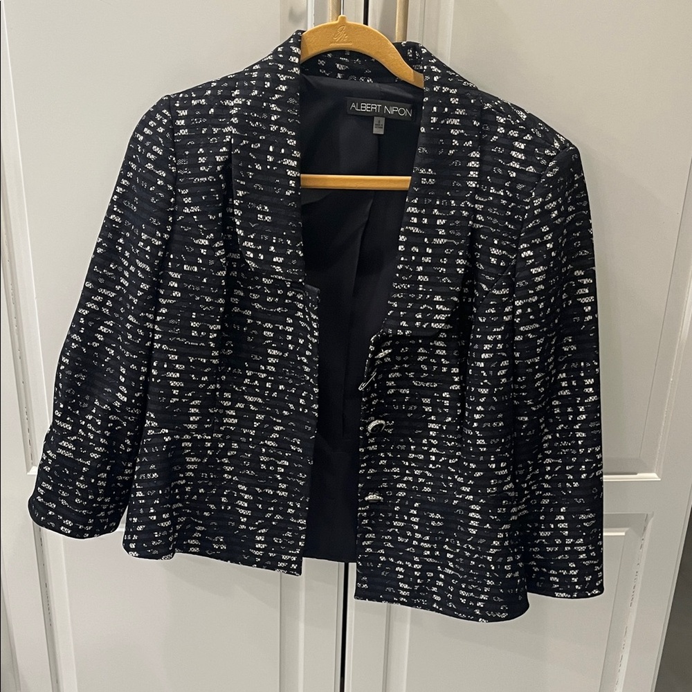 Albert Nipon Blur and White Patterned Blazer and Skirt